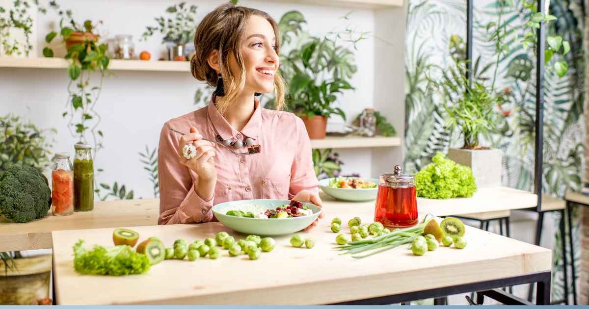 An image of woman eating healthy foods.